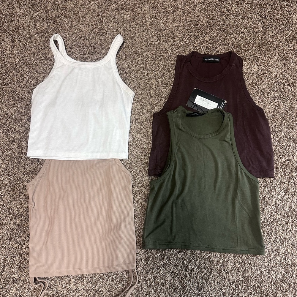 Princess Polly Four-Pack Ribbed Tank Tops - White, Beige, Olive, Plum